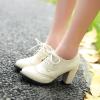 imageSHEMEE Retro Wingtip Oxfords for Women Chunky Block Heels Brogues Saddle Shoes Round Toe Lace Up Pumps Thick High Heeled BootiesBeige