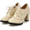 imageSHEMEE Retro Wingtip Oxfords for Women Chunky Block Heels Brogues Saddle Shoes Round Toe Lace Up Pumps Thick High Heeled BootiesBeige