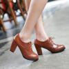 imageSHEMEE Retro Wingtip Oxfords for Women Chunky Block Heels Brogues Saddle Shoes Round Toe Lace Up Pumps Thick High Heeled BootiesBrown