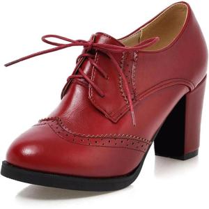 imageSHEMEE Retro Wingtip Oxfords for Women Chunky Block Heels Brogues Saddle Shoes Round Toe Lace Up Pumps Thick High Heeled BootiesBurgundy