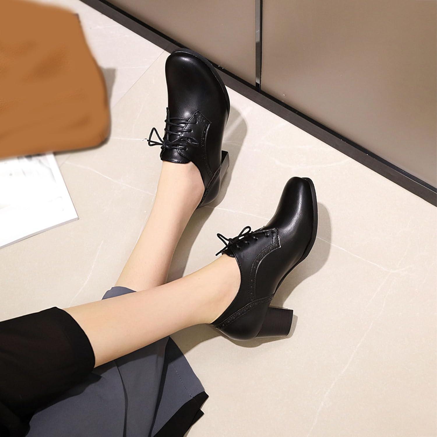imageSHEMEE Womens Chunky Mid Heels Oxfords Vintage Round Square Toe Block Heeled Brogues Lace Up Work Offic Dress Shoes Size 9Black