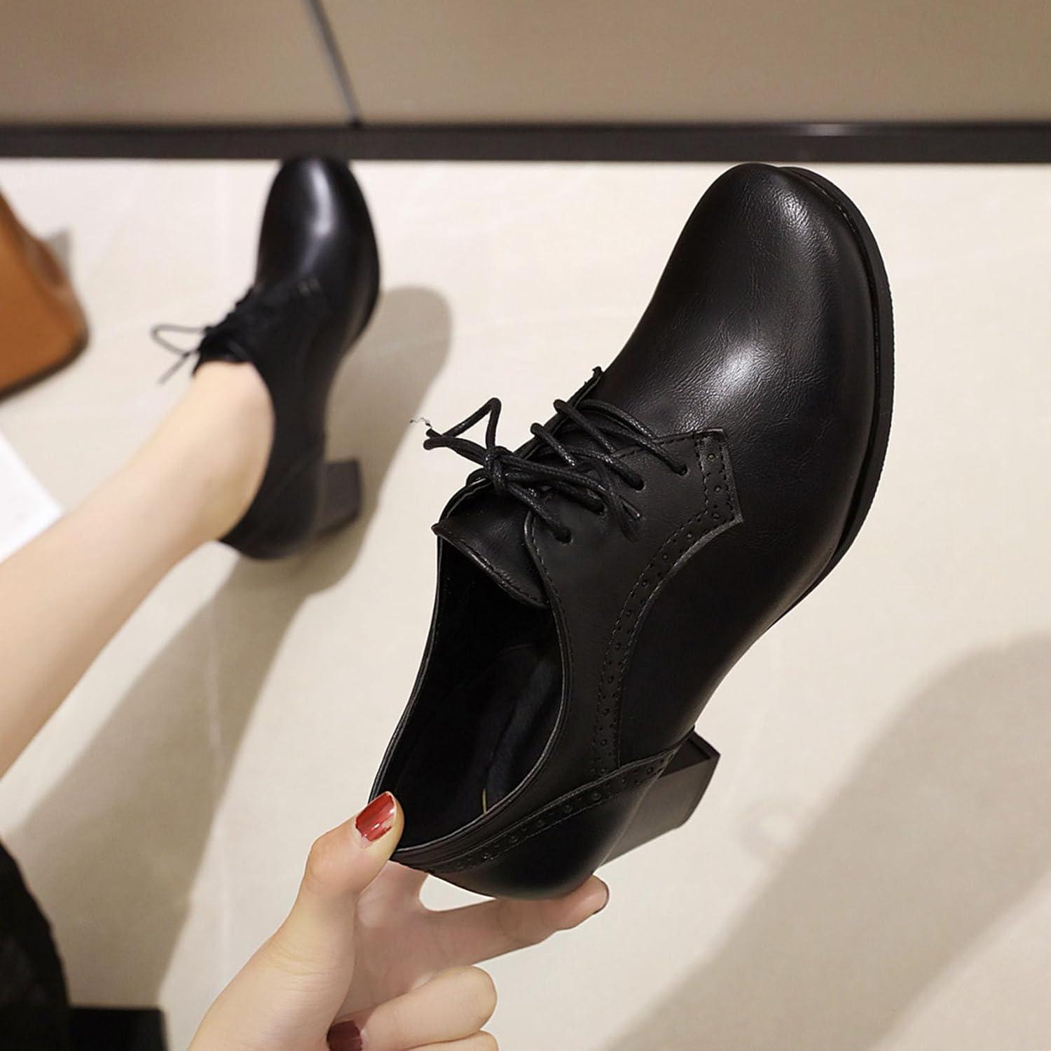 imageSHEMEE Womens Chunky Mid Heels Oxfords Vintage Round Square Toe Block Heeled Brogues Lace Up Work Offic Dress Shoes Size 9Black