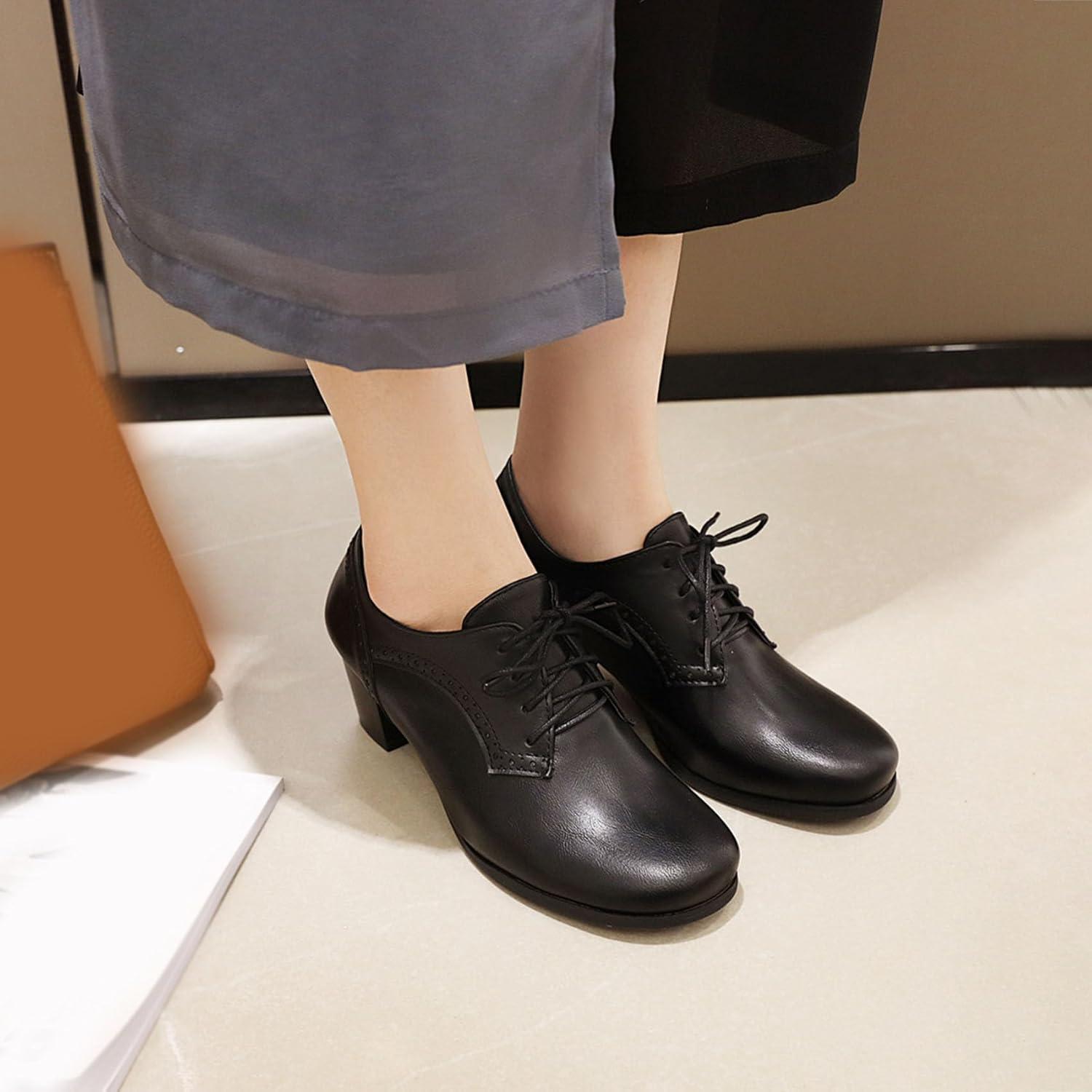 imageSHEMEE Womens Chunky Mid Heels Oxfords Vintage Round Square Toe Block Heeled Brogues Lace Up Work Offic Dress Shoes Size 9Black