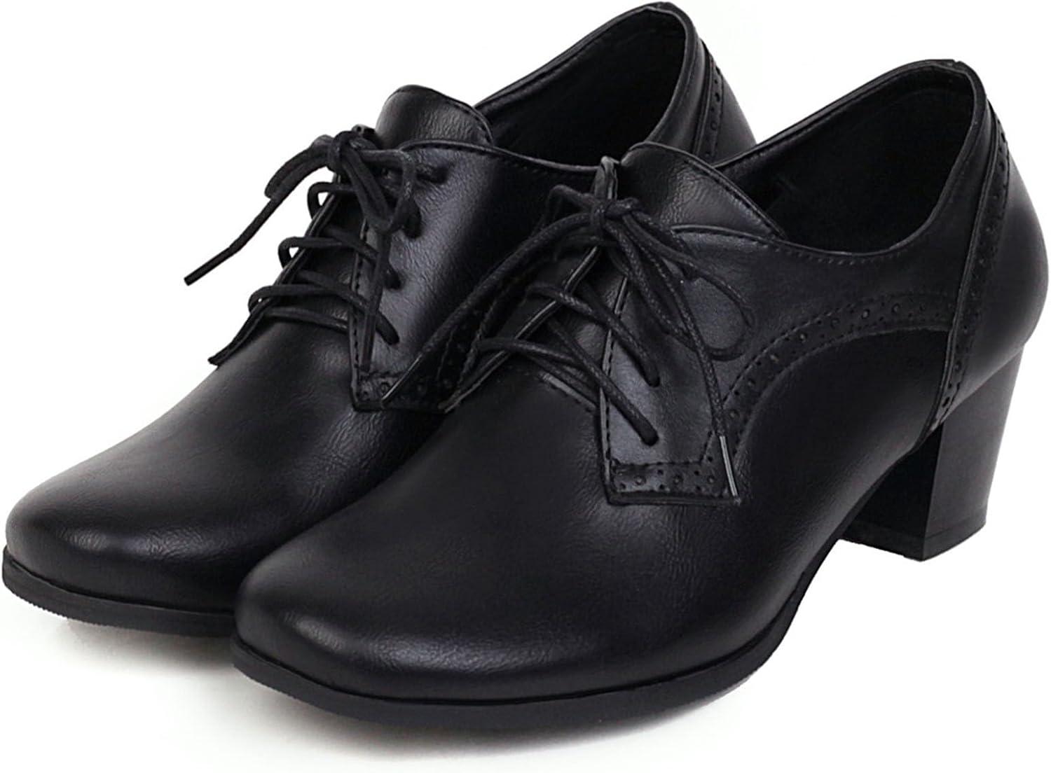 imageSHEMEE Womens Chunky Mid Heels Oxfords Vintage Round Square Toe Block Heeled Brogues Lace Up Work Offic Dress Shoes Size 9Black