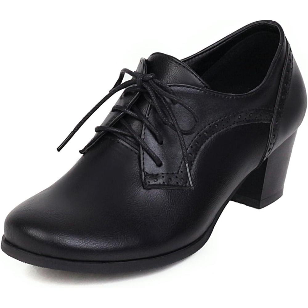 imageSHEMEE Womens Chunky Mid Heels Oxfords Vintage Round Square Toe Block Heeled Brogues Lace Up Work Offic Dress Shoes Size 9Black