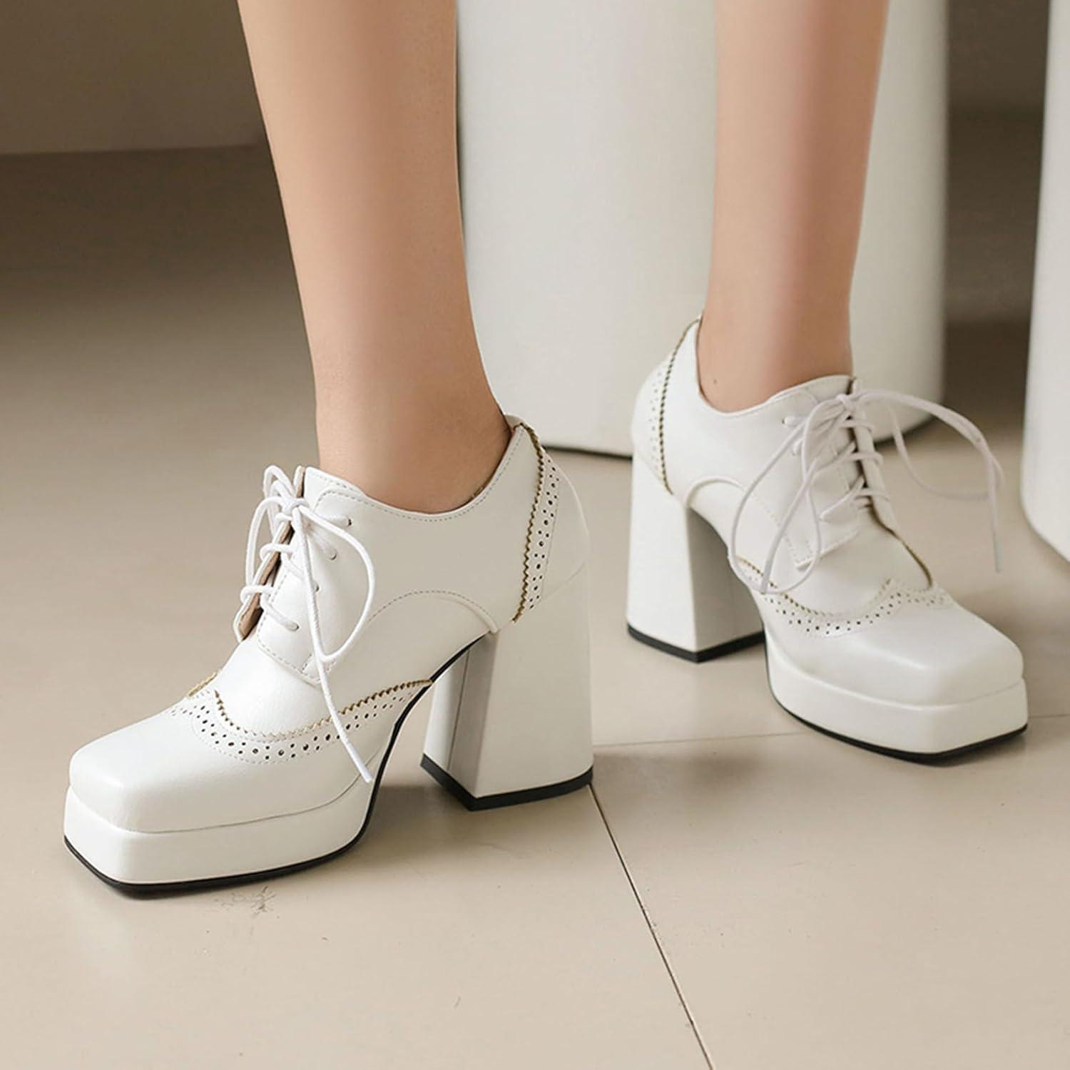 imageSHEMEE MultiColored Oxford Heels for Women Square Toe Chunky High Heels Platform Pumps Lace Up Derby Shoe Leisure Perforated Brogues Work Office Dress ShoesWhite