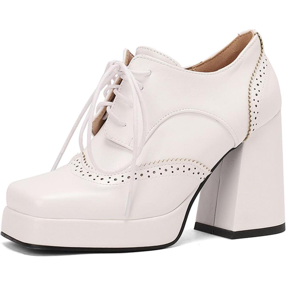 imageSHEMEE MultiColored Oxford Heels for Women Square Toe Chunky High Heels Platform Pumps Lace Up Derby Shoe Leisure Perforated Brogues Work Office Dress ShoesWhite