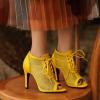 imageSHEMEE Womens Peep Toe Mesh Lace Up High Heels Ankle Booties Summer Fishnet Sandals Opentoe Stilettos Short BootiesYellow