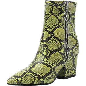 imageSHEMEE Womens Snakeskin Chunky High Heels Booties Pointed Toe Block Heel Snake Print Side Zipper Ankle Boots Fashion Dress ShoesBright Green Snake