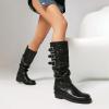 imageSHEMEE Women Knee High Slouchy Boots Fashion Buckles Biker Riding Boots Chunky Low Heels Square Toe Gothic Motorcycle Tall BootBlack