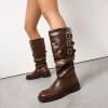 imageSHEMEE Women Knee High Slouchy Boots Fashion Buckles Biker Riding Boots Chunky Low Heels Square Toe Gothic Motorcycle Tall BootDark Brown