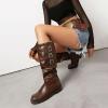 imageSHEMEE Women Knee High Slouchy Boots Fashion Buckles Biker Riding Boots Chunky Low Heels Square Toe Gothic Motorcycle Tall BootDark Brown