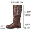 imageSHEMEE Women Knee High Slouchy Boots Fashion Buckles Biker Riding Boots Chunky Low Heels Square Toe Gothic Motorcycle Tall BootDark Brown