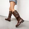 imageSHEMEE Women Knee High Slouchy Boots Fashion Buckles Biker Riding Boots Chunky Low Heels Square Toe Gothic Motorcycle Tall BootDark Brown