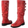 imageSHEMEE Women Knee High Slouchy Boots Fashion Buckles Biker Riding Boots Chunky Low Heels Square Toe Gothic Motorcycle Tall BootRed