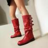 imageSHEMEE Women Knee High Slouchy Boots Fashion Buckles Biker Riding Boots Chunky Low Heels Square Toe Gothic Motorcycle Tall BootRed