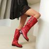 imageSHEMEE Women Knee High Slouchy Boots Fashion Buckles Biker Riding Boots Chunky Low Heels Square Toe Gothic Motorcycle Tall BootRed