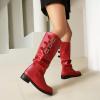 imageSHEMEE Women Knee High Slouchy Boots Fashion Buckles Biker Riding Boots Chunky Low Heels Square Toe Gothic Motorcycle Tall BootRed