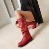 imageSHEMEE Women Knee High Slouchy Boots Fashion Buckles Biker Riding Boots Chunky Low Heels Square Toe Gothic Motorcycle Tall BootRed