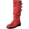 imageSHEMEE Women Knee High Slouchy Boots Fashion Buckles Biker Riding Boots Chunky Low Heels Square Toe Gothic Motorcycle Tall BootRed