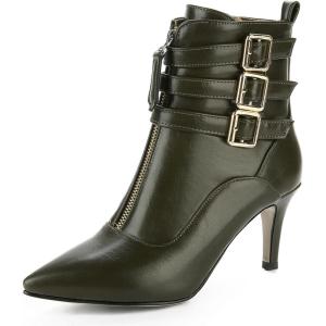 imageSHEMEE Womens Stiletto Heels Ankle Boots Pointed Toe Zipper Heeled Booties Buckle Strap Decoration Dress Jeans BootsArmy Green