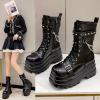 imageSHEMEE Black Gothic Platform Ankle Boots Studded Chain Lace Up Combat Booties Women Chunky High Heels Y2k Biker Knight Short Boot Motorcycle Punk Rave Zipper ShoesBlack