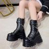 imageSHEMEE Black Gothic Platform Ankle Boots Studded Chain Lace Up Combat Booties Women Chunky High Heels Y2k Biker Knight Short Boot Motorcycle Punk Rave Zipper ShoesBlack