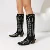 imageSHEMEE Embroidered Cowboy Boots for Women Knee High Western Cowgirl Boots Chunky Heels Fashion Retro KneeHigh Tall Boot Almond Round Toe Slip On Country ShoesBlack