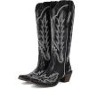 imageSHEMEE Embroidered Cowboy Boots for Women Knee High Western Cowgirl Boots Chunky Heels Fashion Retro KneeHigh Tall Boot Almond Round Toe Slip On Country ShoesBlack