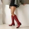 imageSHEMEE Embroidered Cowboy Boots for Women Knee High Western Cowgirl Boots Chunky Heels Fashion Retro KneeHigh Tall Boot Almond Round Toe Slip On Country ShoesRed