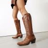 imageSHEMEE Embroidered Cowboy Boots for Women Knee High Western Cowgirl Boots Chunky Heels Fashion Retro KneeHigh Tall Boot Almond Round Toe Slip On Country ShoesBrown