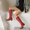 imageSHEMEE Embroidered Cowboy Boots for Women Knee High Western Cowgirl Boots Chunky Heels Fashion Retro KneeHigh Tall Boot Almond Round Toe Slip On Country ShoesRed