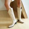 imageSHEMEE Embroidered Cowboy Boots for Women Knee High Western Cowgirl Boots Chunky Heels Fashion Retro KneeHigh Tall Boot Almond Round Toe Slip On Country ShoesBeige