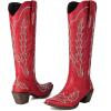 imageSHEMEE Embroidered Cowboy Boots for Women Knee High Western Cowgirl Boots Chunky Heels Fashion Retro KneeHigh Tall Boot Almond Round Toe Slip On Country ShoesRed