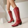 imageSHEMEE Embroidered Cowboy Boots for Women Knee High Western Cowgirl Boots Chunky Heels Fashion Retro KneeHigh Tall Boot Almond Round Toe Slip On Country ShoesRed