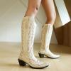 imageSHEMEE Embroidered Cowboy Boots for Women Knee High Western Cowgirl Boots Chunky Heels Fashion Retro KneeHigh Tall Boot Almond Round Toe Slip On Country ShoesBeige