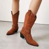 imageSHEMEE Studded Cowboy Boots for Women Mid Calf Western Boots Chunky High Heels Buckles Riding Boot Faux Suede Wide Calf Biker Motorcycle Tall Boot Pointed Toe Gothic Country ShoesBrown