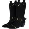 imageSHEMEE Studded Cowboy Boots for Women Mid Calf Western Boots Chunky High Heels Buckles Riding Boot Faux Suede Wide Calf Biker Motorcycle Tall Boot Pointed Toe Gothic Country ShoesBlack