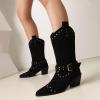 imageSHEMEE Studded Cowboy Boots for Women Mid Calf Western Boots Chunky High Heels Buckles Riding Boot Faux Suede Wide Calf Biker Motorcycle Tall Boot Pointed Toe Gothic Country ShoesBlack