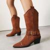 imageSHEMEE Studded Cowboy Boots for Women Mid Calf Western Boots Chunky High Heels Buckles Riding Boot Faux Suede Wide Calf Biker Motorcycle Tall Boot Pointed Toe Gothic Country ShoesBrown