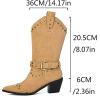 imageSHEMEE Studded Cowboy Boots for Women Mid Calf Western Boots Chunky High Heels Buckles Riding Boot Faux Suede Wide Calf Biker Motorcycle Tall Boot Pointed Toe Gothic Country ShoesApricotYellow