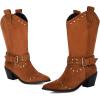 imageSHEMEE Studded Cowboy Boots for Women Mid Calf Western Boots Chunky High Heels Buckles Riding Boot Faux Suede Wide Calf Biker Motorcycle Tall Boot Pointed Toe Gothic Country ShoesBrown