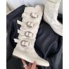imageSHEMEE Womens Medieval Renaissance Knee High Boots Punk Flats Low Heels Slouchy Boots Multi Buckles Straps Wide Calf Biker Riding Tall Boot Round Toe Gothic Motorcycle Rave ShoesWhite