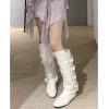 imageSHEMEE Womens Medieval Renaissance Knee High Boots Punk Flats Low Heels Slouchy Boots Multi Buckles Straps Wide Calf Biker Riding Tall Boot Round Toe Gothic Motorcycle Rave ShoesWhite