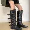 imageSHEMEE Womens Medieval Renaissance Knee High Boots Punk Flats Low Heels Slouchy Boots Multi Buckles Straps Wide Calf Biker Riding Tall Boot Round Toe Gothic Motorcycle Rave ShoesBlack