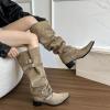 imageSHEMEE Womens Slouchy Knee High Boots Wide Calf Chunky Heels Fashion Buckle Biker Riding Boots MidCalf Knight Western Boot Pointy Toe Punk Rave ShoesKhaki