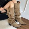 imageSHEMEE Womens Slouchy Knee High Boots Wide Calf Chunky Heels Fashion Buckle Biker Riding Boots MidCalf Knight Western Boot Pointy Toe Punk Rave ShoesKhaki