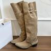 imageSHEMEE Womens Slouchy Knee High Boots Wide Calf Chunky Heels Fashion Buckle Biker Riding Boots MidCalf Knight Western Boot Pointy Toe Punk Rave ShoesKhaki