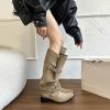 imageSHEMEE Womens Slouchy Knee High Boots Wide Calf Chunky Heels Fashion Buckle Biker Riding Boots MidCalf Knight Western Boot Pointy Toe Punk Rave ShoesKhaki