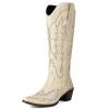 imageSHEMEE Embroidered Cowboy Boots for Women Knee High Western Cowgirl Boots Chunky Heels Fashion Retro KneeHigh Tall Boot Almond Round Toe Slip On Country ShoesBeige